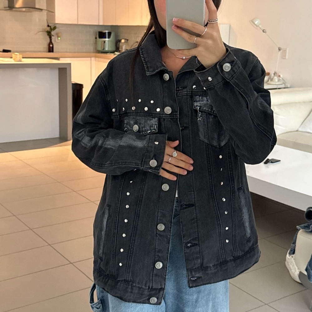 Oversized black denim jacket with silver studs. Handcrafted denim jacket